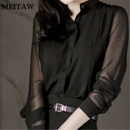 Women's Blouses Shirt Mesh Patchwork Chiffon Blouse Spring Sexy See Through OL Tops Casual Black Long Sleeve Slim Office s 230424