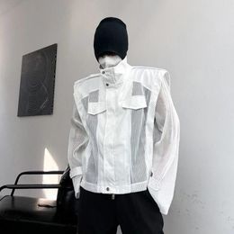 Men's Jackets Spliced Mesh See-Through Sexy Jacket 2023 Autumn Korean Striped Short Handsome Motorcycle Round Neck Sun Protection