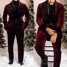 Men's Suits Fashion Shawl Lapel Single Button Burgundy Velvet For Men With Belt Elegant Party Prom Wedding Groom Tuxedo 2 Piece Set