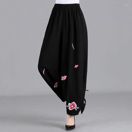 Women's Pants Harajuku Woman Summer Cotton Linen Cropped Trousers Middle-Aged Embroidered Spring Autumn Mom Large Size Casual Wide Leg