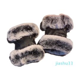Winter Cashmere Mittens Leather Fingerless Gloves for Women Luxury Fur Black Sheepskin Mittens Outdoor Windproof