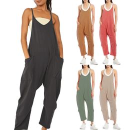 Women's Jumpsuits Rompers sleeveless jumpsuit Summer Vintage Solid Large Pocket Loose Wide Leg casual all-in-one clothing 230425