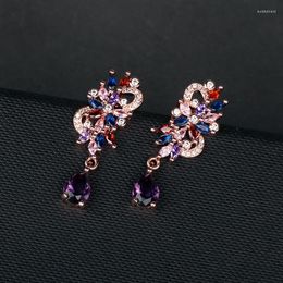 Dangle Earrings Women's Fashion Shiny Colourful Zircon Drop Multicolor CZ Stone Flower Rose Gold Charming Earring Jewellery Gift