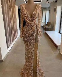 Prom Sparkly Sequined Dresses Long Sleeve Sexy High Slit V Neck Mermaid Rose Gold Dubai Women Formal Evening Gowns Dress BC14031