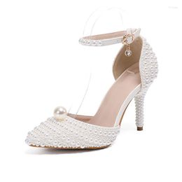 Dress Shoes Elegant Pointed Toe White Pearl Wedding Party Ankle Strap Boots Bridal Rhinestone Pumps For