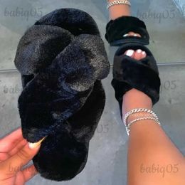 Slippers Women Winte House Slippers Faux Fur Fashion Warm Shoes Woman Slip on Flats Female Slides Black Pink cozy home furry slippers T231125