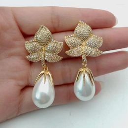 Stud Earrings YYGEM 1.7'' White Sea Shell Pearl Gold Plated Cz Micro Pave Leaf Drop For Women