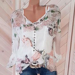 Women's Blouses Women Casual Floral Printed Button Shirt Blouse Bohemian Style Chiffon Irregular Hem Top Ladies Clothing Drop