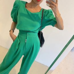 Women's Two Piece Pants Summer 2 Set Office Lady High Waist Matching Sets 2023 Female Pullover Crop Tops With Wide Leg Trousers