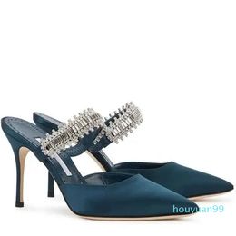 wedding sandal slide heeld satin crystal-embellished crystal 90mm pointed toe rhinestone strap wedding with box 35-43