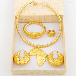 Necklace Earrings Set African Map Design Jewelry Fashion Golden Color Pendant And Hoop With Bangle Ring For Party