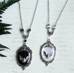 Pendant Necklaces Gothic Vampire Bat Sweater Necklace Silver Plated Framed Cameo Halloween Witch Crystal Gift For Lover