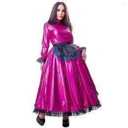 Casual Dresses Shinny Laser Sissy Long Sleeve Lace French Maid Dress With Apron Crossdresser Men Gay Swing Cosplay Costume Vintage S-7XL