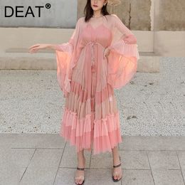 Two Piece Dress DEAT Woman Pink Cake With Lined Mesh Flare Sleeve Drawstring Waist Elegant Fashion Beach Style 223 Summer 15HT424 23425