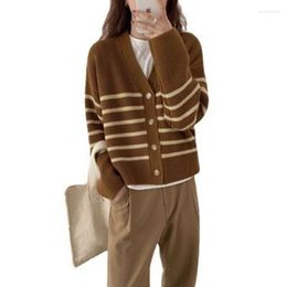 Women's Knits East Gate 2023 Autumn Winter College Style Splicing Contrast Stripe Single Breasted Knitted Cardigan Sweater Coat Women