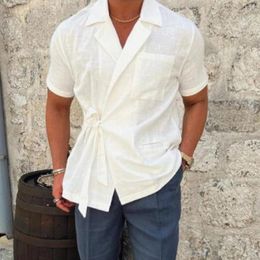 Men's Dress Shirts Mens Shirt Short Sleeve Suit Tops Apricot Summer Black White Lace-up Party Regular Button-Down Clothing