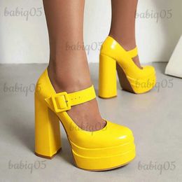 Dress Shoes Black Yellow White Green Women High Heel Shoes Platform Square High Heel Ladies Pumps PU Leather Round Toe Buckle Women's Shoes T231125