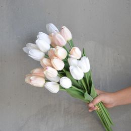 Decorative Flowers White Blush Tulips Buds Bundle Real Touch Faux Artificial Pink Tulip Bouquet DIY Home Flower Arrangement