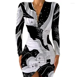 Casual Dresses Autumn And Winter Long Sleeve V-Neck Printed Tight Split Dress Women's Fashion Elegant Slim Fit Pleated