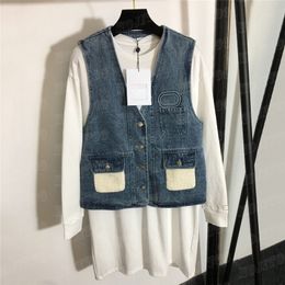 Designer Denim Vest Coat Dresses Sets For Women Sleeveless Jacket Long Sleeve T Shirt Dress Fashion Two Piece