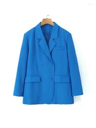 Women's Suits Office Lady 2023 Autumn Casual Double Breasted Blue Long Blazers Outwear Womens Fashion Straight Solid Classic Jackets
