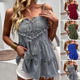 Women's Tanks Cami Summer Vest Drawstring Pullover Backless Sleeveless Tassel Tank Top Big Hem Lace Up Blouse Clothes 230425