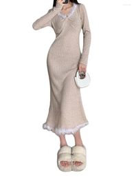 Casual Dresses Women Knitted Long Sleeve Bodycon Sweater Dress Elegant V Neck Plush Patchwork Slim Streetwear