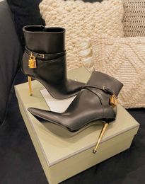 Luxury Winter Brand Padlock Ankle Boots Women Golden Metal Stiletto Heel Key Lock Suede Leather Party Wedding Lady Booties EU35-43