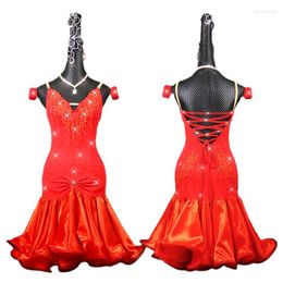 Stage Wear Customised Latin Dance Dress High-end Professional Competition Performance Clothing Red Bead Tube Drill Children Skirt Women