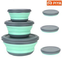 Dinnerware Sets 3 PCSSet Camping Bowl Foldable Silicone Collapsible Lunch Box Salad Lid Expandable Food Storage Container Bento 230425