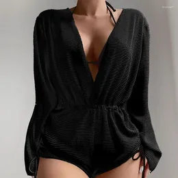 Women's Swimwear One Piece Sexy Drawstring Cover Up Sunscreen Clothing Long Sleeve V-neck Beachwear Solid Cover-ups 2023
