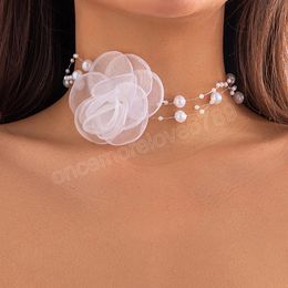 Elegante weiße große Rosen-Blumen-Schlüsselbein-Ketten-Halskette für Frauen heiraten Nachahmungsperlen-Seil-Choker-ästhetischen Halsschmuck