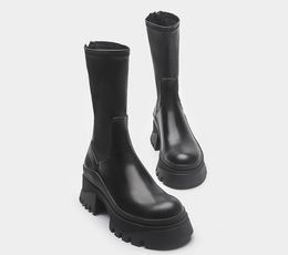 2023 New British style round toe Martin boots with thick heels and Chelsea mid length slim knight boots for women short boots