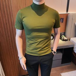 Blackish Green Turtleneck Knitted Sweater Short Sleeve Elastic T Shirts Slim Fit Elegant Stretch Clothes Sexy Pullover Retro Top