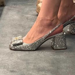 Dress Shoes Ladies Summer New Sequin Single Shoes Fashion Rhinestone Buckle Bowknot Pumps Women's Temperament Round Head Chunky Heel Sandals T231125