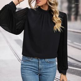 Women's Blouses 2023 Stand Collar Loose Simple Black Shirt Women Vintage Pleated Lantern Long Sleeve Blouse Casual Ladies Elegant Tops 30142