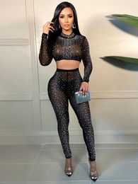 Women's Two Piece Pants Rhinestones Mesh See Through 2 Sets Women Outfit Autumn Clothing Crop Top Pant Sexy Tracksuit Set