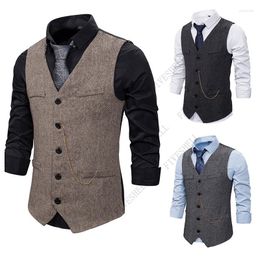 Men's Vests Fashion Herringbone Tweed Vest Men Gilet Costume Homme Business Casual Sleeveless Waistcoat Wedding Tuxedo Male