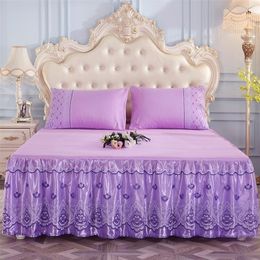 Bed Skirt Bedding Bed Skirt Princess Korean Style Princess Purple Lace Bed Skirt 1 Pair Pillowcase Three-piece Bed Cover Twin Bedspreads 230424