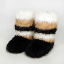 lady Winter Women Rainbow Fur Snow Boots Fashion Outdoor Warm Furry Boots Mixed Colors Faux Fur Plush Mid-calf Boots Girl Y2K Shoes