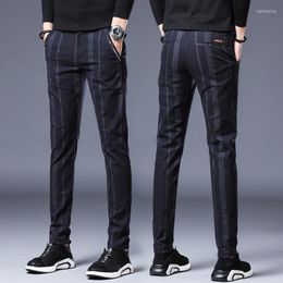 Men's Pants Brand 2023 Casual Mens Stripe Stretch Pant Straight Slim Fit Business Plaid Formal Wedding Work Blue Trousers Male