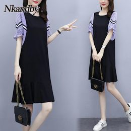 Casual Dresses Nkandby Plus Size Women Summer Dress 2023 Fashion Loose Short Sleeve Striped Patchwork Korean Style Ruffles Black