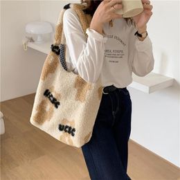 Evening Bags Cute Cartoon Bear Printing Women Large Capacity Shoulder Vintage Plush Shopping Tote Female Autumn Casual Handbags