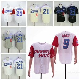 Film Baseball Santurce Crabbers Jerseys Moive 21 Roberto Clemente Puerto Rico 9 Javier Baez Retro Team Black Grey White Pinstripe Cool Base Cooperstown University