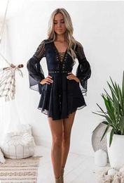 Bohemian Casual Dresses Mini Dress Women Fashion Spring Solid White Lace Casual Clothes V-neck Long Sleeve DressesWUII