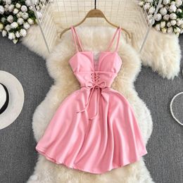 Casual Dresses Summer Korean Style Spaghetti Strap Dress Pink Tulle Splice Hollow Out Bandage Sexy A-line Mini Women Club Clothes