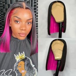 Black/Pink Highlight Straight Short Bob Synthetic Lace Front For Women Shoulder Length Heat Fibre Hair