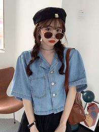 Women's Blouses Retro Denim Short Sleeve Shirts Women Casual Loose Crop Tops Polo-Neck Chic Blouse Female French Vintage High Street OL Tees