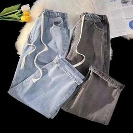 Men's Jeans Drawstring Adjustable Wide Leg Denim Trousers For Men Elastic Waist With Pockets Loose Fit Everyday