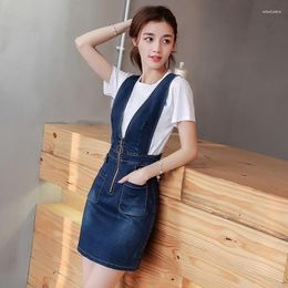 Work Dresses Women's Suit 2023 Spring Summer Korean Style Denim Strap Dress Mid Length Slim Fit A-line Skirt White Crop Top Two Piece Set
